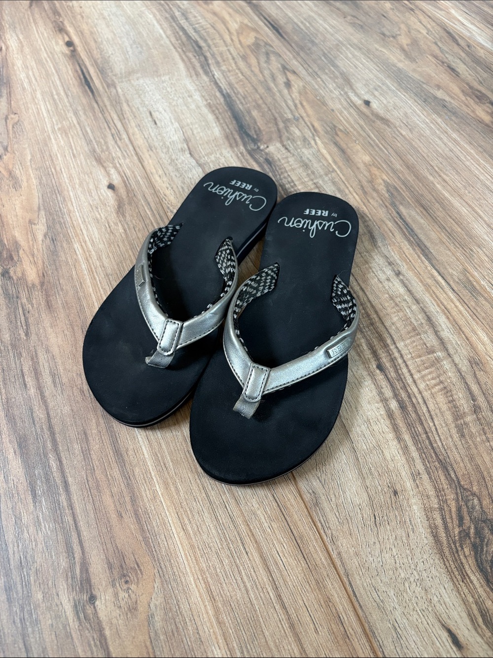 Reef Cushions Metallic Silver and Black Flip Flops